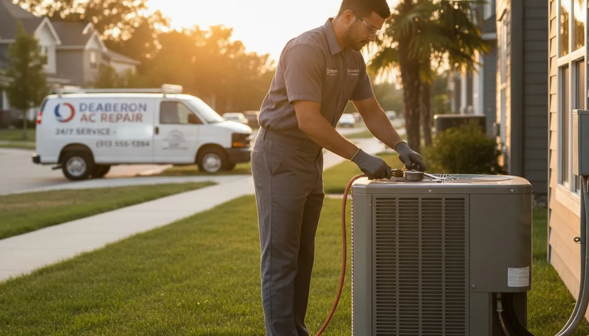 Professional AC repair service technician fixing air conditioner in Detroit MI home