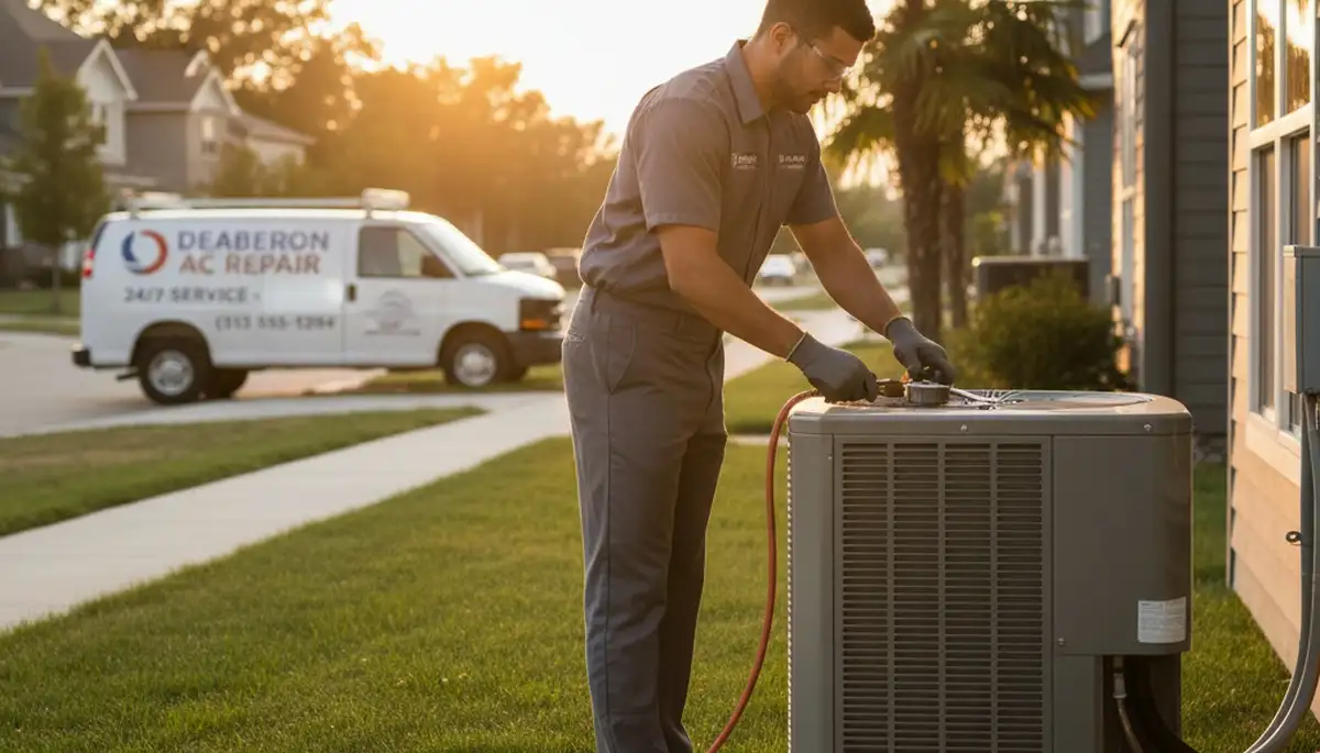 Professional AC repair service technician fixing air conditioner in Detroit MI home