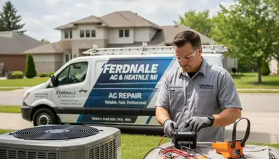 Professional AC repair technician servicing air conditioner unit in Detroit MI home