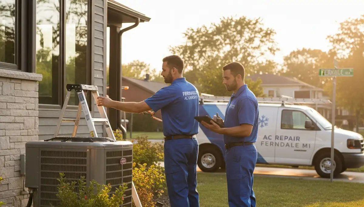 Professional AC repair technician servicing air conditioner in Detroit MI home