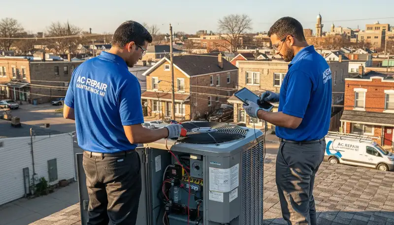 Professional AC repair technician servicing air conditioner unit in Detroit, MI