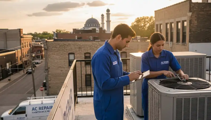 Professional AC repair technician servicing air conditioner unit in Detroit, MI home