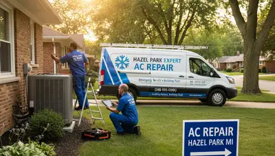 Professional AC repair technician servicing air conditioner unit in Detroit MI home