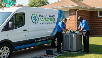 Professional AC repair technician servicing air conditioner unit in Detroit MI home