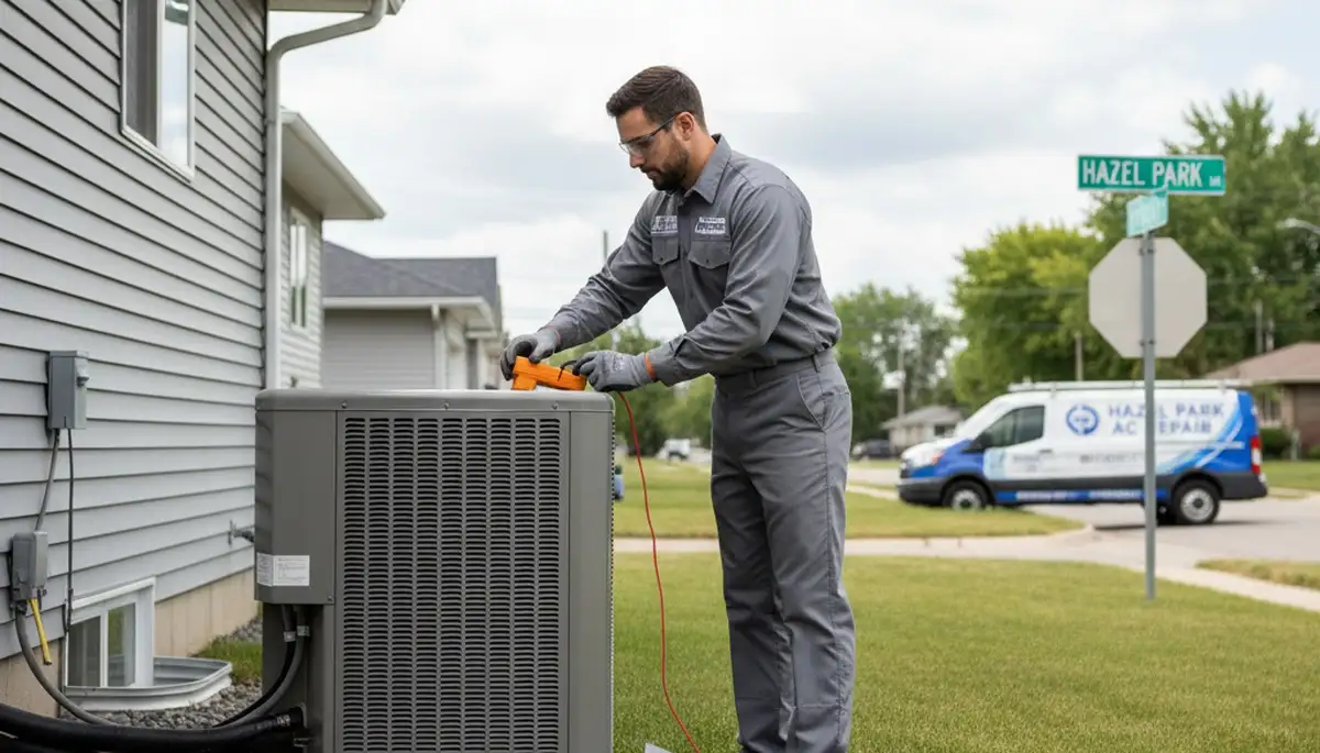 Professional AC repair technician servicing home air conditioner in Detroit, MI
