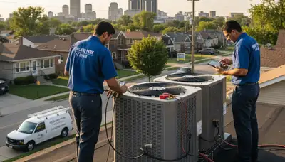 Professional AC repair technician servicing air conditioner unit in Detroit, MI