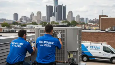 Professional AC repair technician servicing air conditioner in Detroit MI home