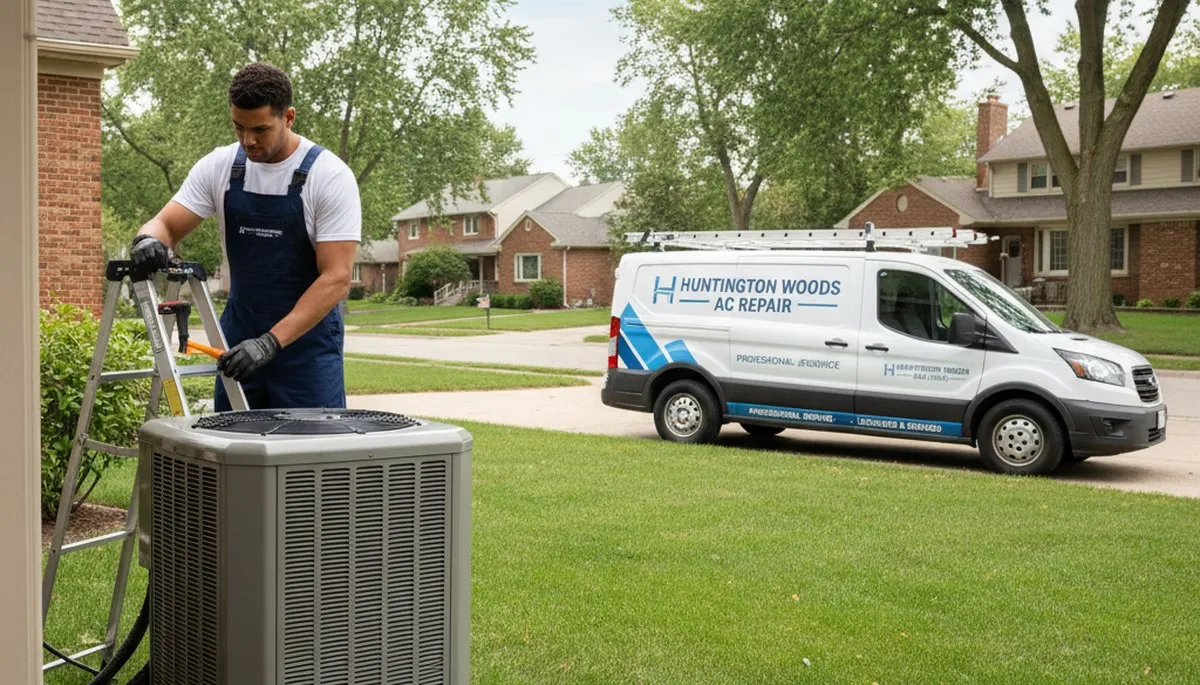 Technician performing AC repair service in Detroit MI for residential cooling system