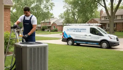 Technician performing AC repair service in Detroit MI for residential cooling system