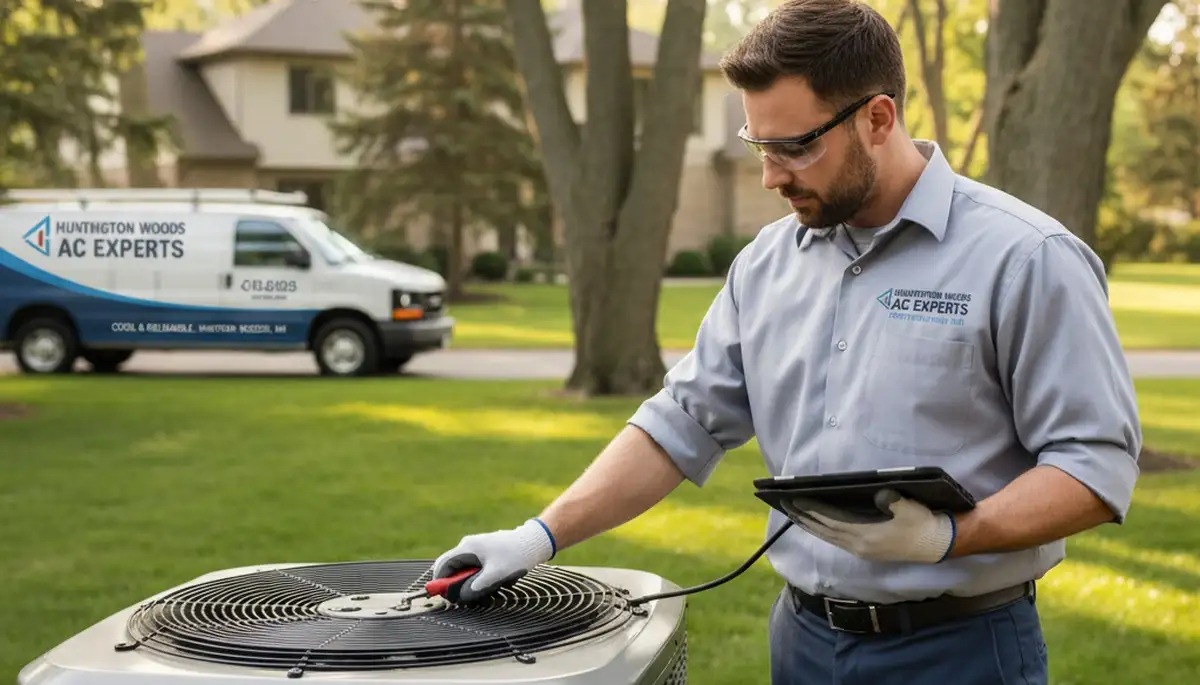 Professional AC repair technician servicing air conditioner in Detroit MI home