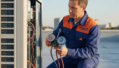 Technician performing air conditioner repair in Detroit, MI for residential cooling system