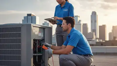 Technician repairing residential AC unit in Detroit MI for Five Star Cooling same-day service