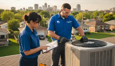 Professional AC repair technician servicing air conditioner unit in Detroit, MI