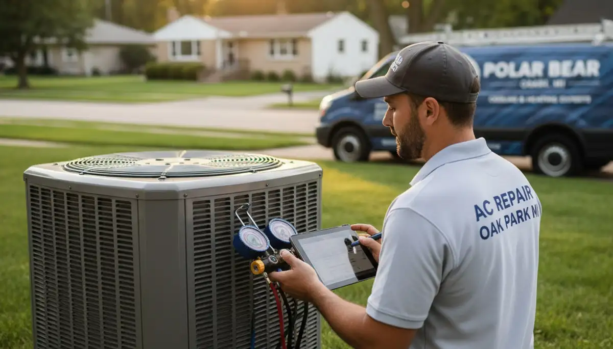 Professional AC repair technician servicing air conditioner unit in Detroit, MI