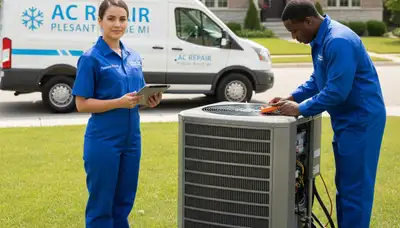 Professional AC repair technician servicing air conditioner unit in Detroit, MI