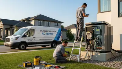 Professional AC repair technician servicing air conditioner unit in Detroit MI home