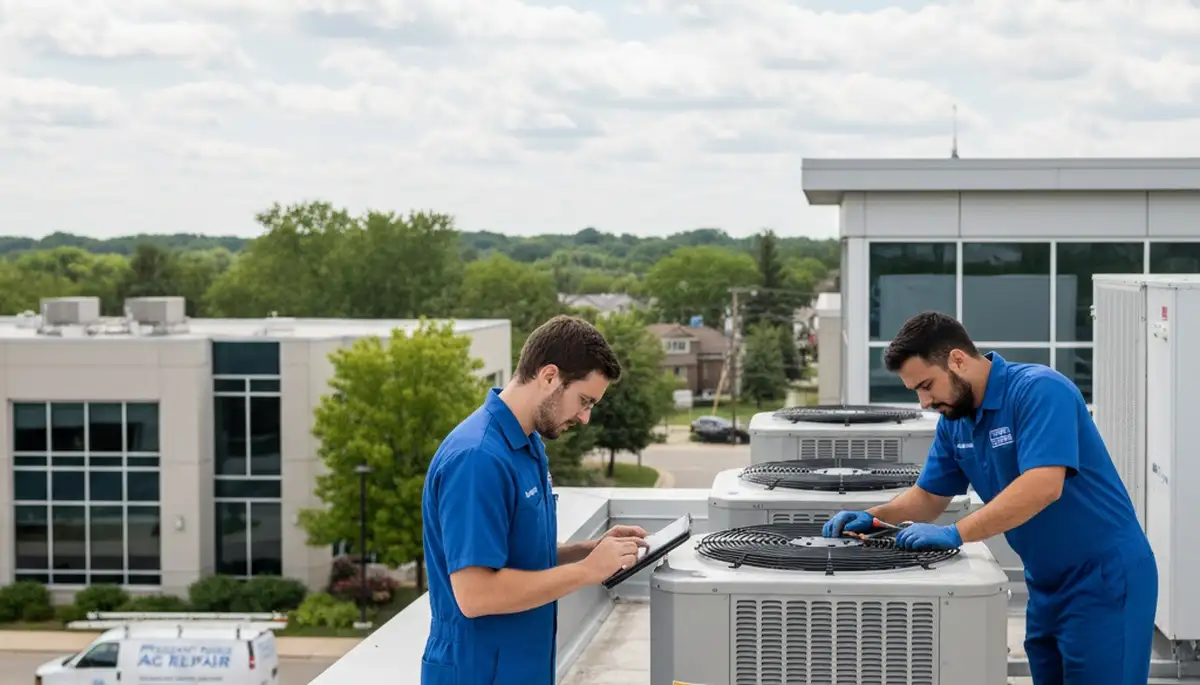 Professional AC repair technician servicing air conditioner unit in Detroit, MI