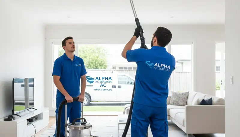 Technician performing air duct cleaning for home HVAC system in Detroit, MI