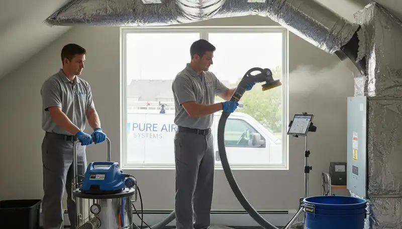 Technician performing air duct cleaning for residential HVAC system in Detroit MI