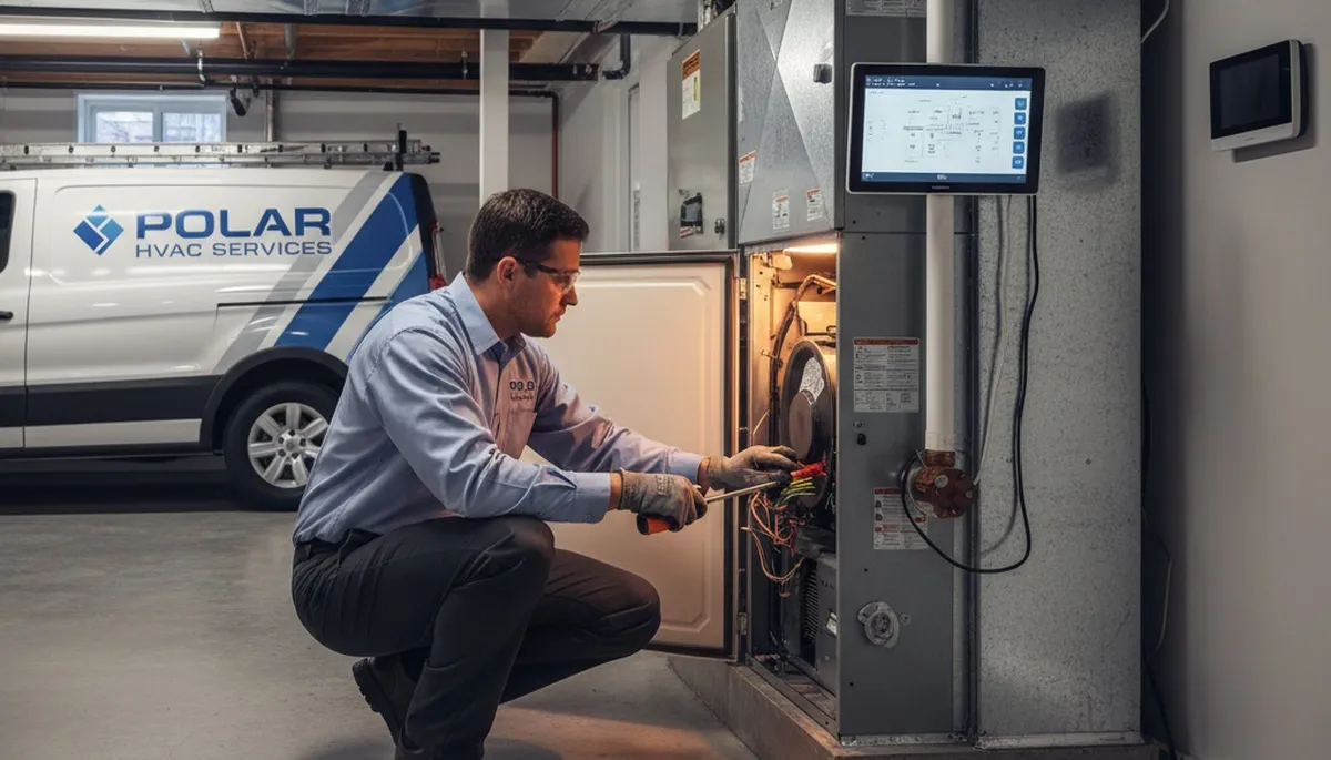 Technician performing furnace repair service in Detroit MI home by Five Star Cooling