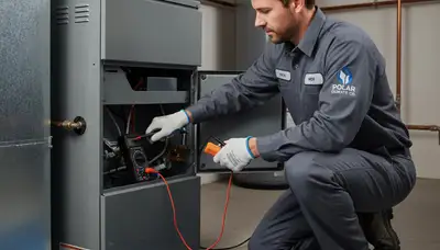 Technician repairing furnace in Detroit MI home for Five Star Cooling heating service