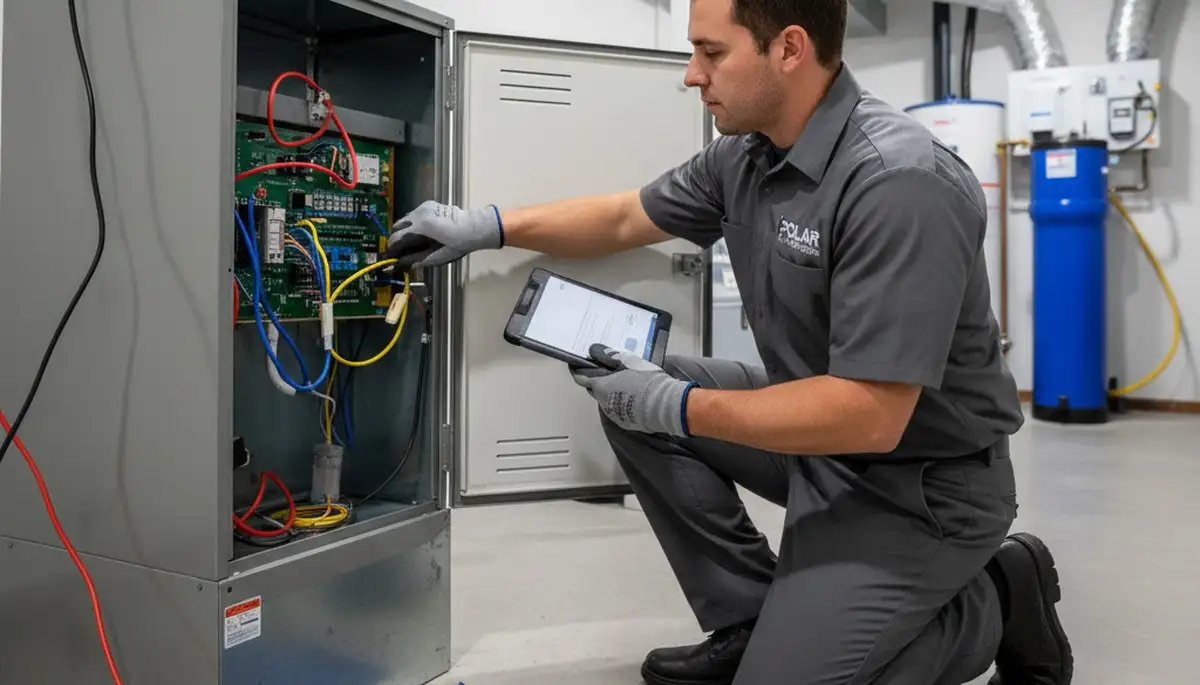 Technician performing furnace repair in Detroit MI for Five Star Cooling heating service