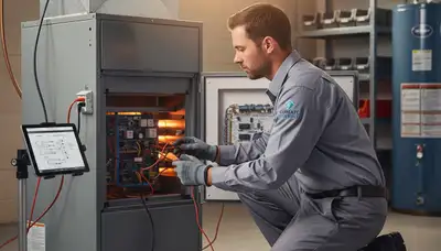 Technician performing heating repair on furnace in Detroit, MI home for Five Star Cooling