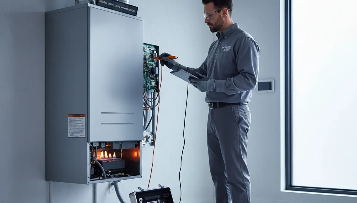 Technician performing heating repair on furnace in Detroit MI home by Five Star Cooling