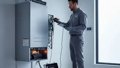 Technician performing heating repair on furnace in Detroit MI home by Five Star Cooling