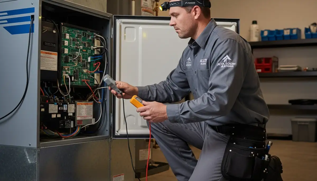 Technician performing heating repair service on furnace in Detroit, MI home