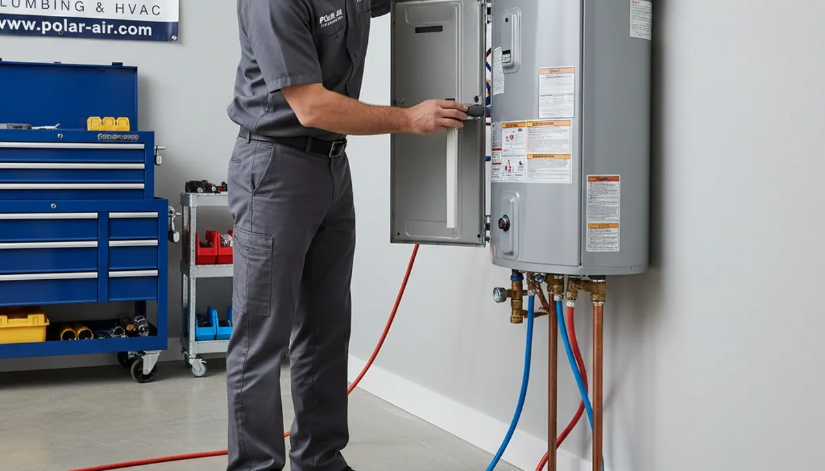 Technician repairing residential water heater in Detroit MI for Five Star Cooling service page