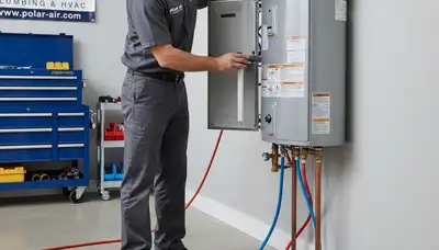 Technician repairing residential water heater in Detroit MI for Five Star Cooling service page