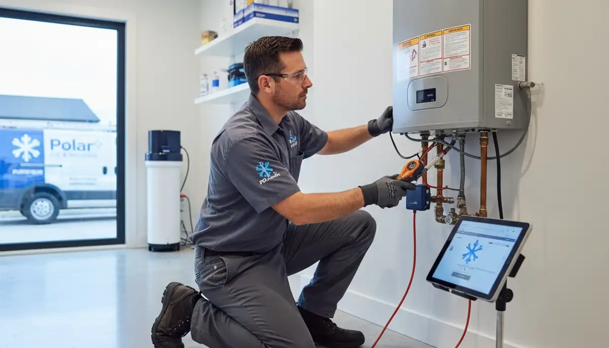 Technician repairing residential water heater in Detroit MI for Five Star Cooling service page